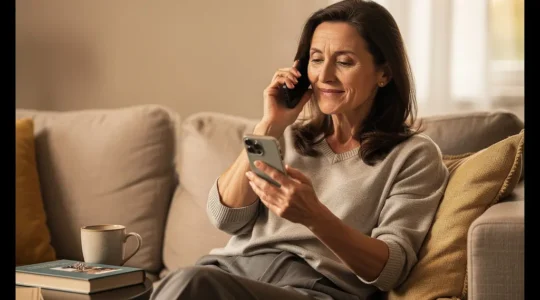 Femme en conversation téléphonique détendue exprimant sérénité dans salon chaleureux