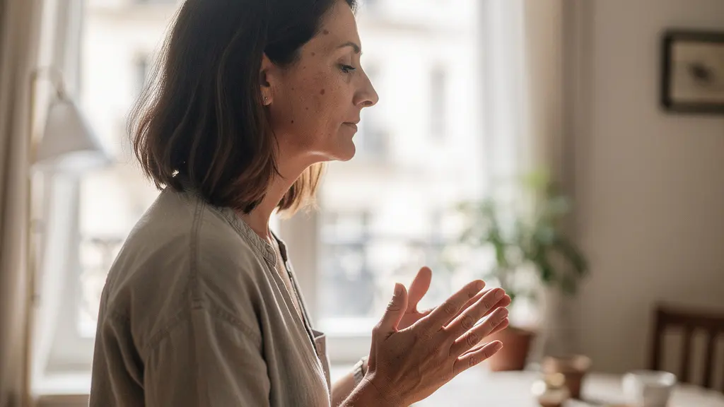 Femme de profil en contemplation paisible près fenêtre après échange significatif