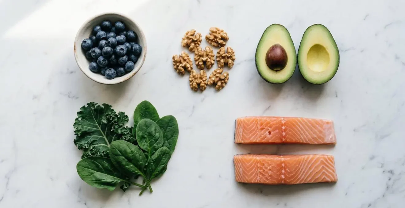 Composition minimaliste d'aliments bénéfiques pour le cerveau disposés sur une surface épurée