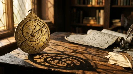 Carte du ciel astrologique avec symboles planétaires et constellations sur fond cosmique