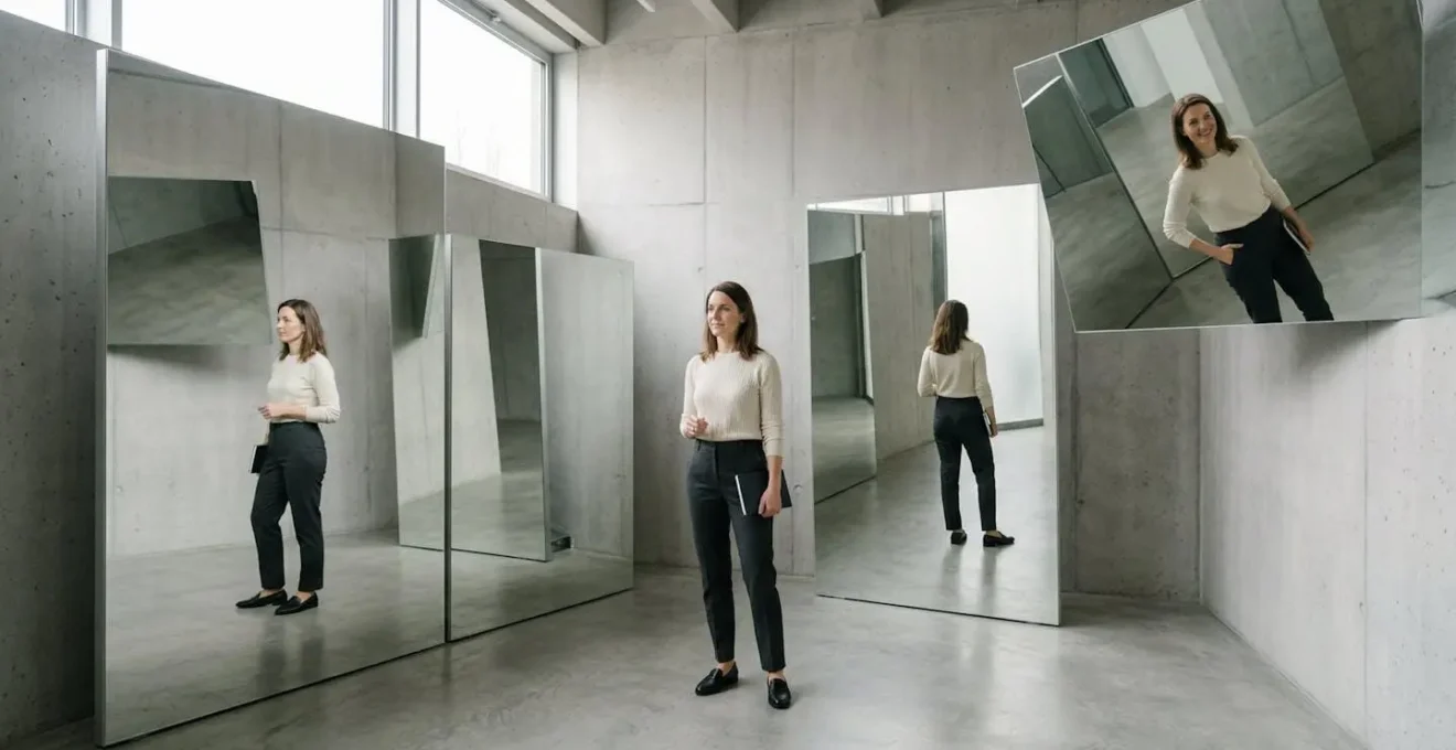 Personne observant plusieurs reflets d'elle-même sous différents angles
