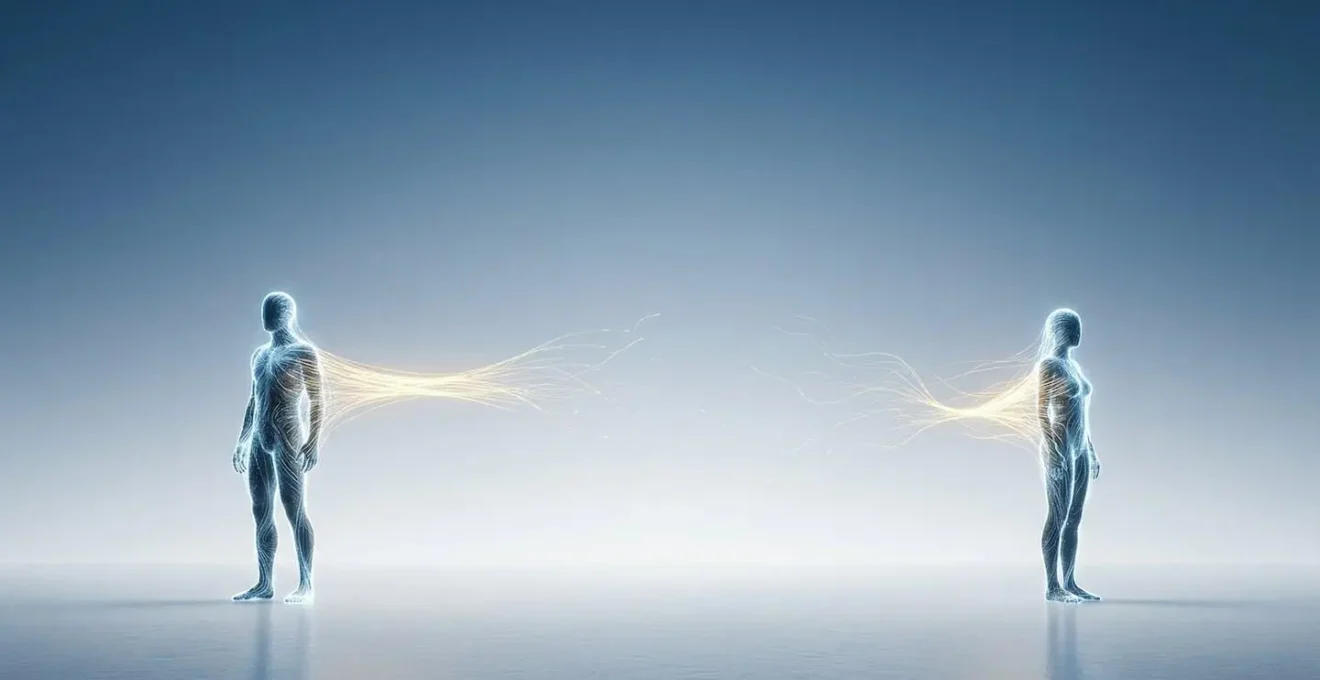 Deux silhouettes reliées par des fils lumineux qui se dissolvent progressivement