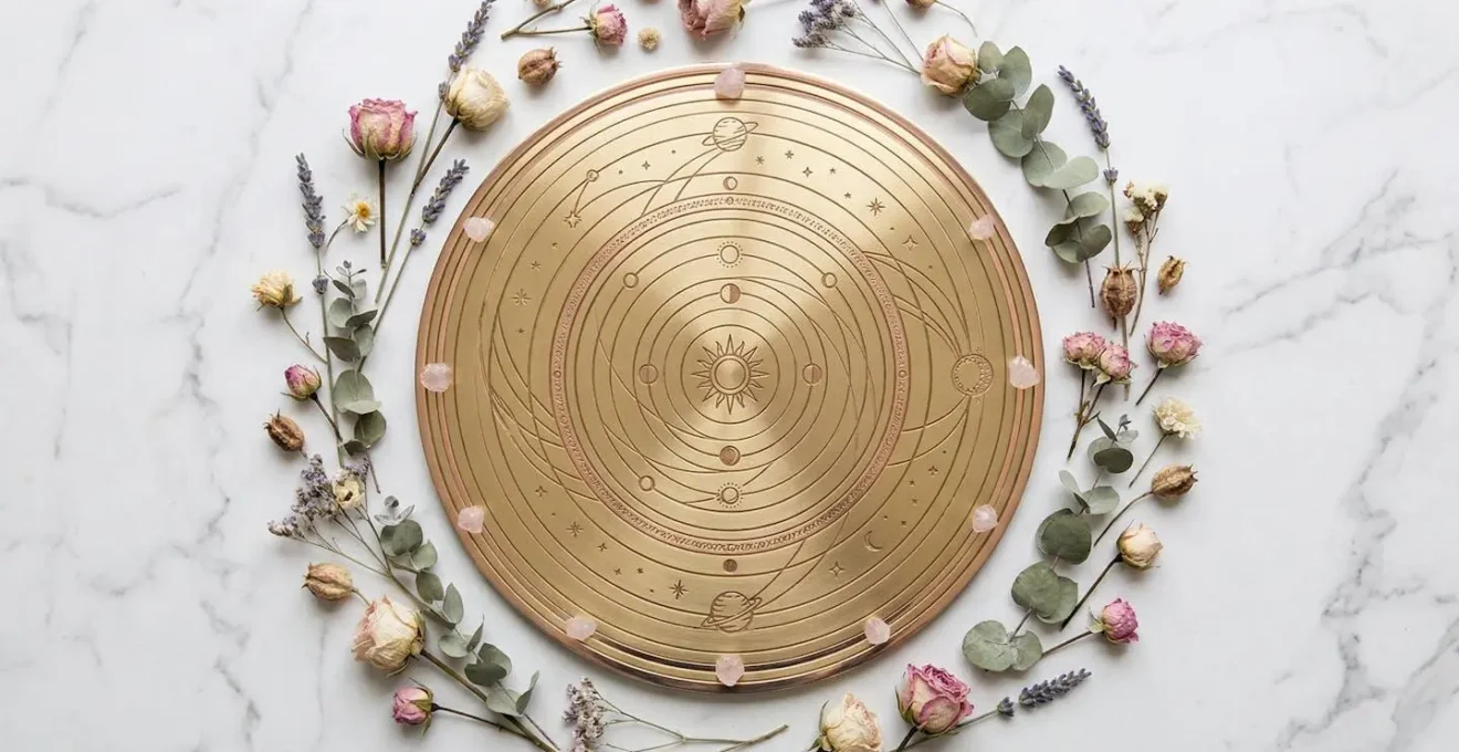 Calendrier circulaire doré avec phases de Vénus et symboles astrologiques romantiques