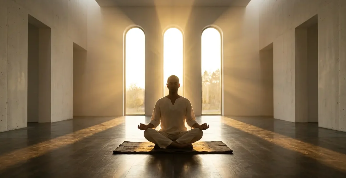 Personne en méditation profonde recevant une lumière spirituelle dorée dans un espace sacré épuré