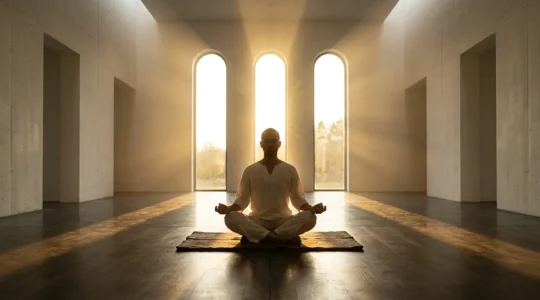 Personne en méditation profonde recevant une lumière spirituelle dorée dans un espace sacré épuré