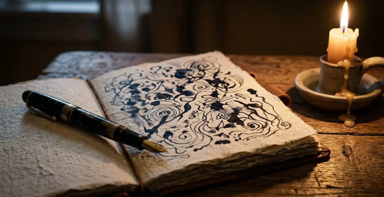 Table de chevet avec carnet de rêves ouvert et bougie allumée dans la pénombre