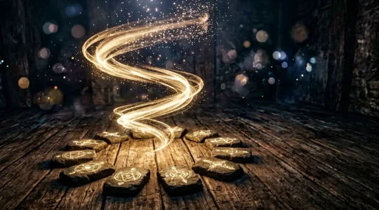 Illustration symbolique des chemins de vie en numérologie avec spirale de nombres et lumière dorée