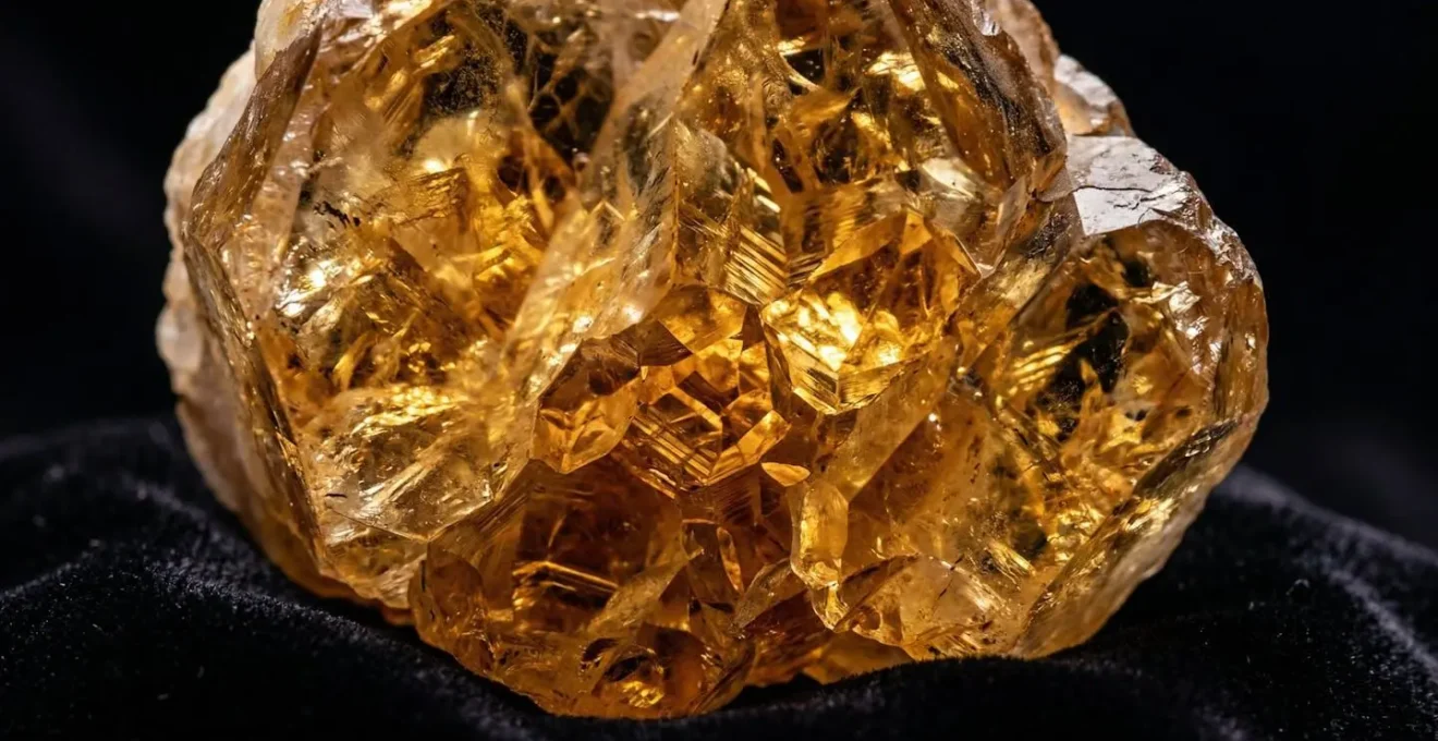 Gros plan macro sur une citrine naturelle dorée avec ses reflets cristallins