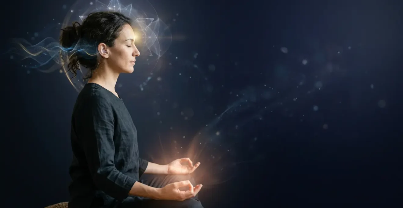 Visage féminin de profil avec aura lumineuse et représentation symbolique des canaux de perception subtile