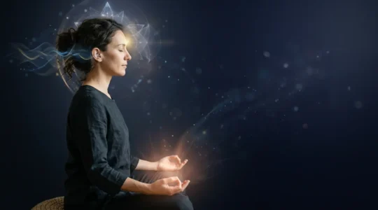 Visage féminin de profil avec aura lumineuse et représentation symbolique des canaux de perception subtile