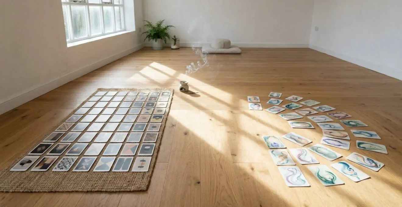 Disposition artistique montrant la structure ordonnée d'un tarot face à la liberté créative d'un oracle