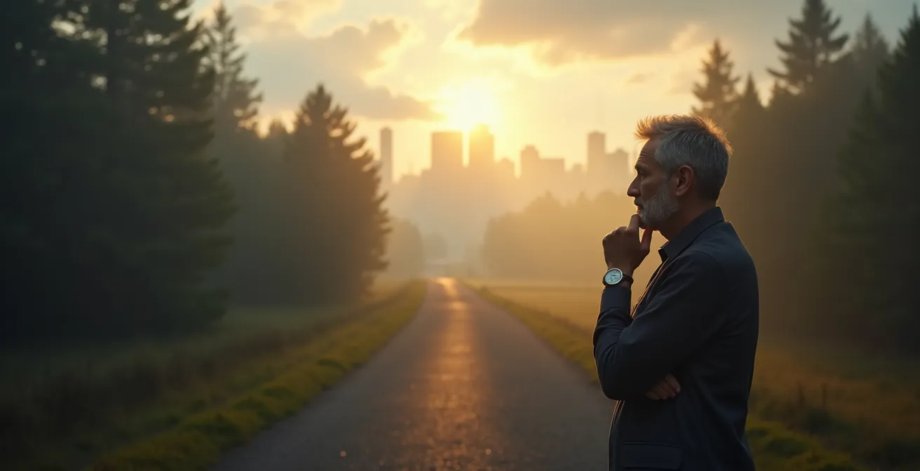 Personne contemplative à un carrefour symbolique avec chemins divergents représentant les choix de vie