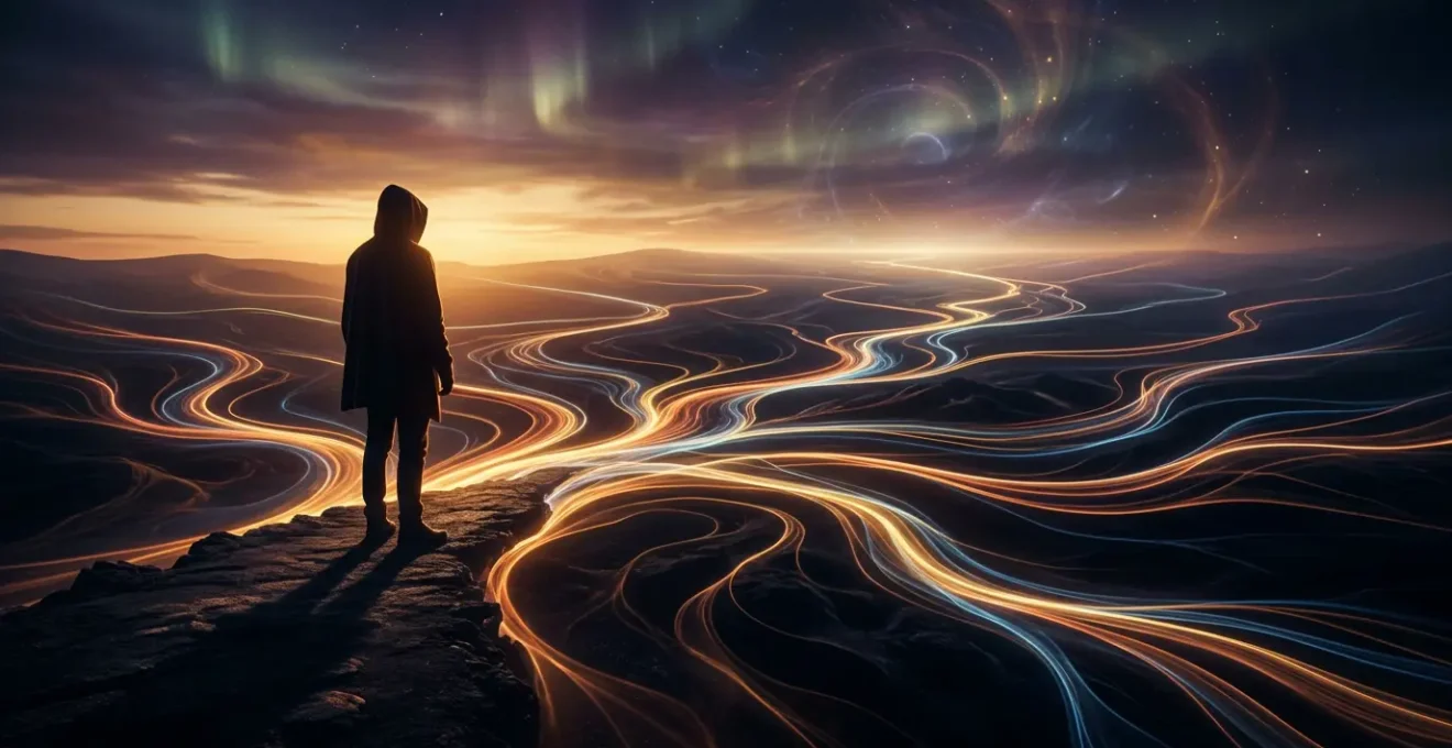 Personne contemplative face à plusieurs chemins lumineux divergents dans un paysage onirique