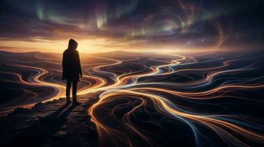 Personne contemplative face à plusieurs chemins lumineux divergents dans un paysage onirique