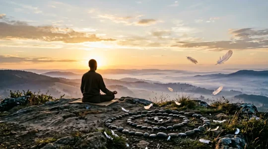Personne en méditation devant un lever de soleil avec des éléments naturels symboliques