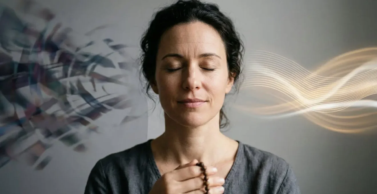 Personne en méditation avec représentation visuelle de la différence entre dialogue interne et perception clairaudiente