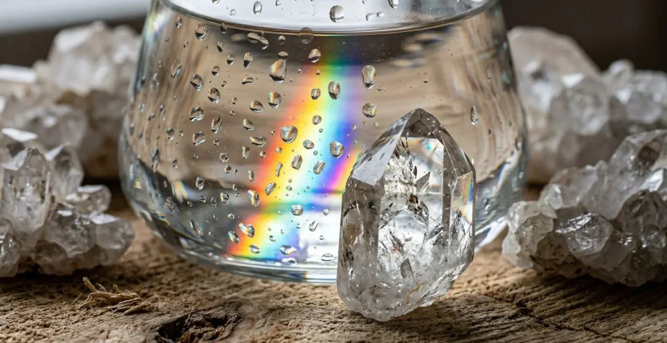 Carafe d'eau transparente entourée de cristaux sur surface en bois naturel
