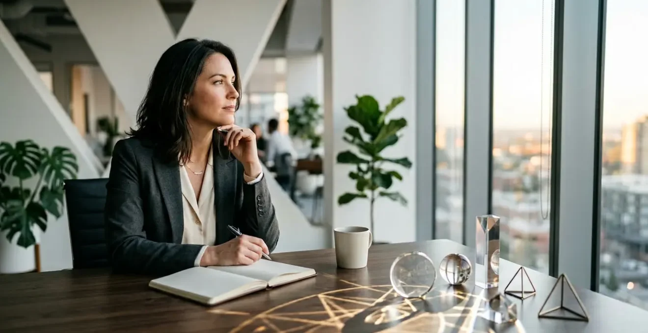 Femme entrepreneure contemplant son thème astral dans un environnement de travail moderne et paisible