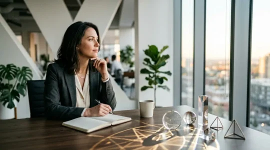 Femme entrepreneure contemplant son thème astral dans un environnement de travail moderne et paisible