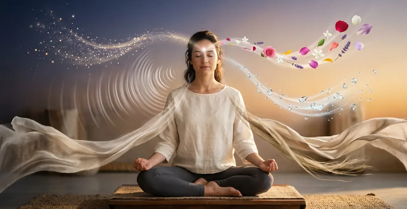Personne en méditation avec aura lumineuse et éléments sensoriels flottants représentant les 5 sens