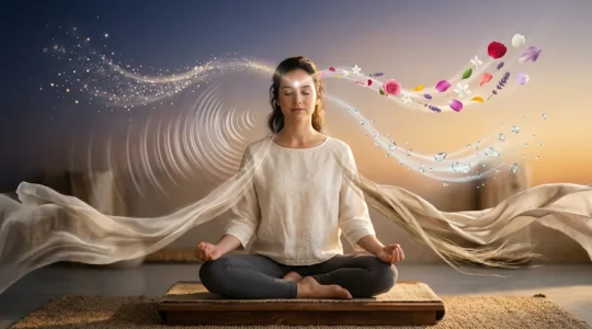 Personne en méditation avec aura lumineuse et éléments sensoriels flottants représentant les 5 sens