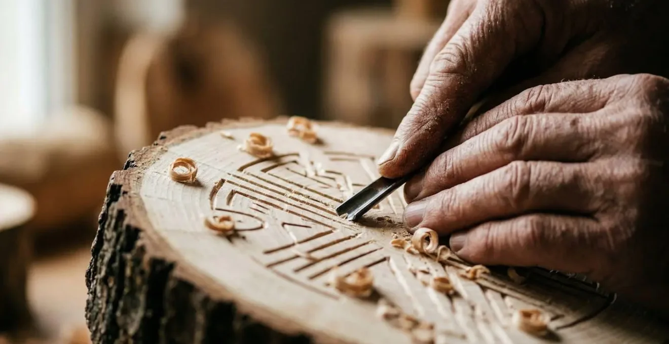 Mains gravant délicatement une rune sur une tranche de bois avec outils traditionnels