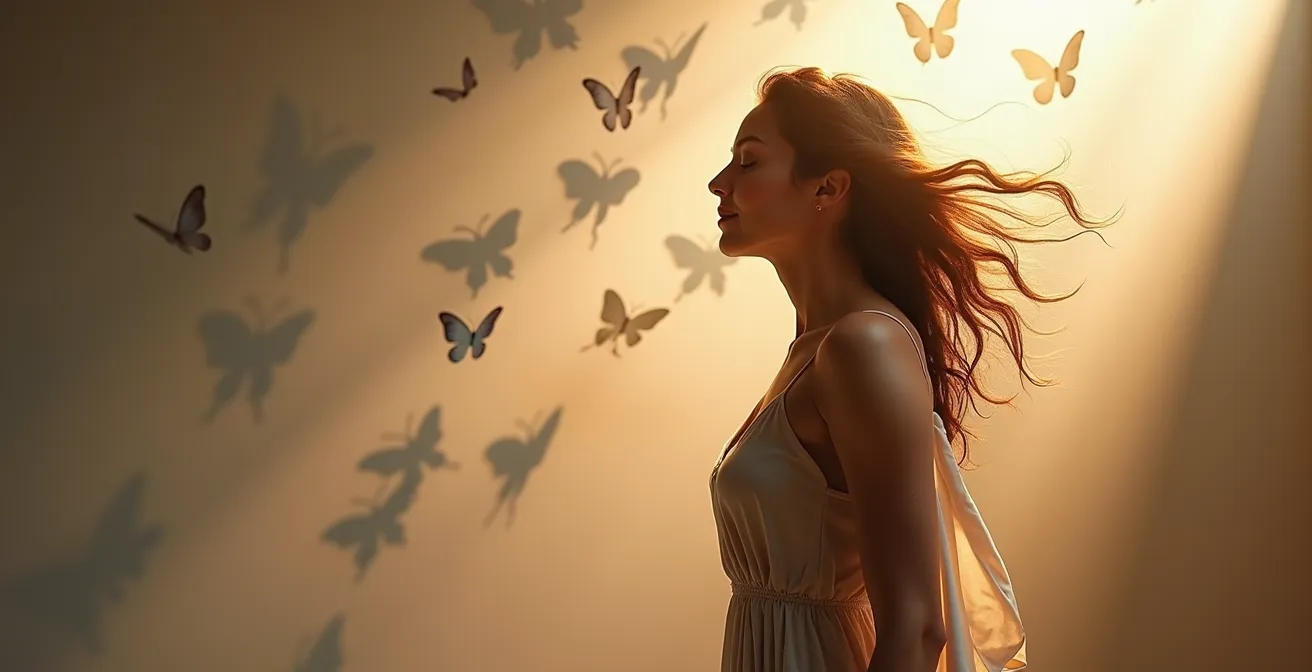 Femme se libérant de chaînes invisibles dans une transformation spirituelle