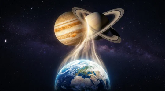 Vue symbolique de Jupiter et Saturne en conjonction dans le cosmos avec des effets lumineux suggérant leur influence sur la destinée humaine