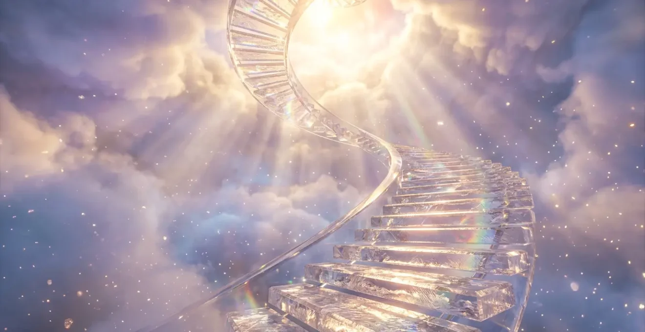 Escalier de cristal lumineux s'élevant vers une lumière dorée dans un espace éthéré