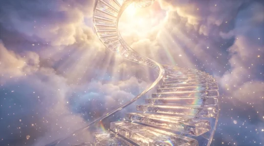 Escalier de cristal lumineux s'élevant vers une lumière dorée dans un espace éthéré