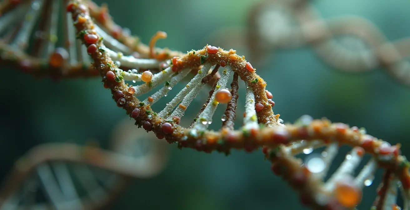 Représentation visuelle de l'ADN avec modifications épigénétiques symbolisant la transmission transgénérationnelle