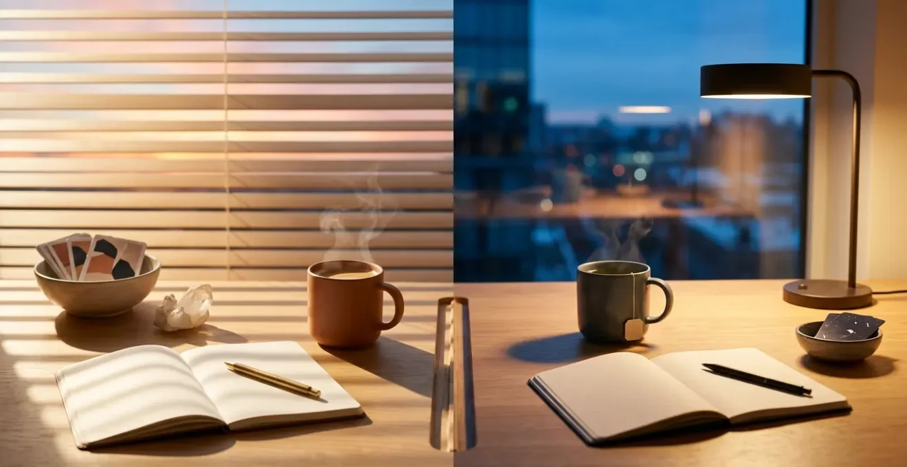 Une composition split-screen montrant le même bureau sous deux éclairages différents : à gauche une lumière dorée du matin avec une tasse de café et des rayons de soleil doux, à droite une lumière bleutée du soir avec une tisane et un éclairage de lampe de bureau