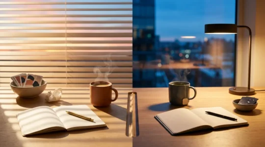 Une composition split-screen montrant le même bureau sous deux éclairages différents : à gauche une lumière dorée du matin avec une tasse de café et des rayons de soleil doux, à droite une lumière bleutée du soir avec une tisane et un éclairage de lampe de bureau