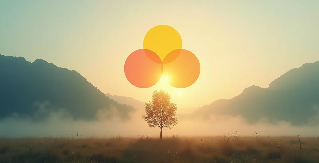 Représentation visuelle de l'Ikigai avec quatre cercles entrelacés dans un environnement naturel