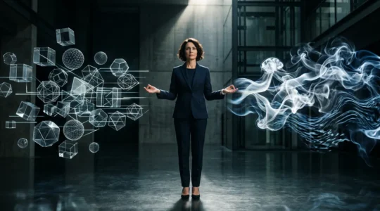 Dirigeant d'entreprise en équilibre entre analyse rationnelle et ressenti intuitif