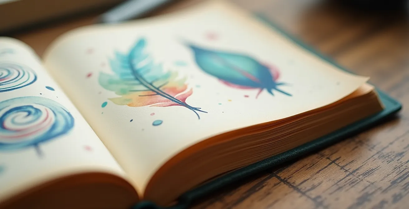 Journal de rêves ouvert avec illustrations symboliques et notes manuscrites