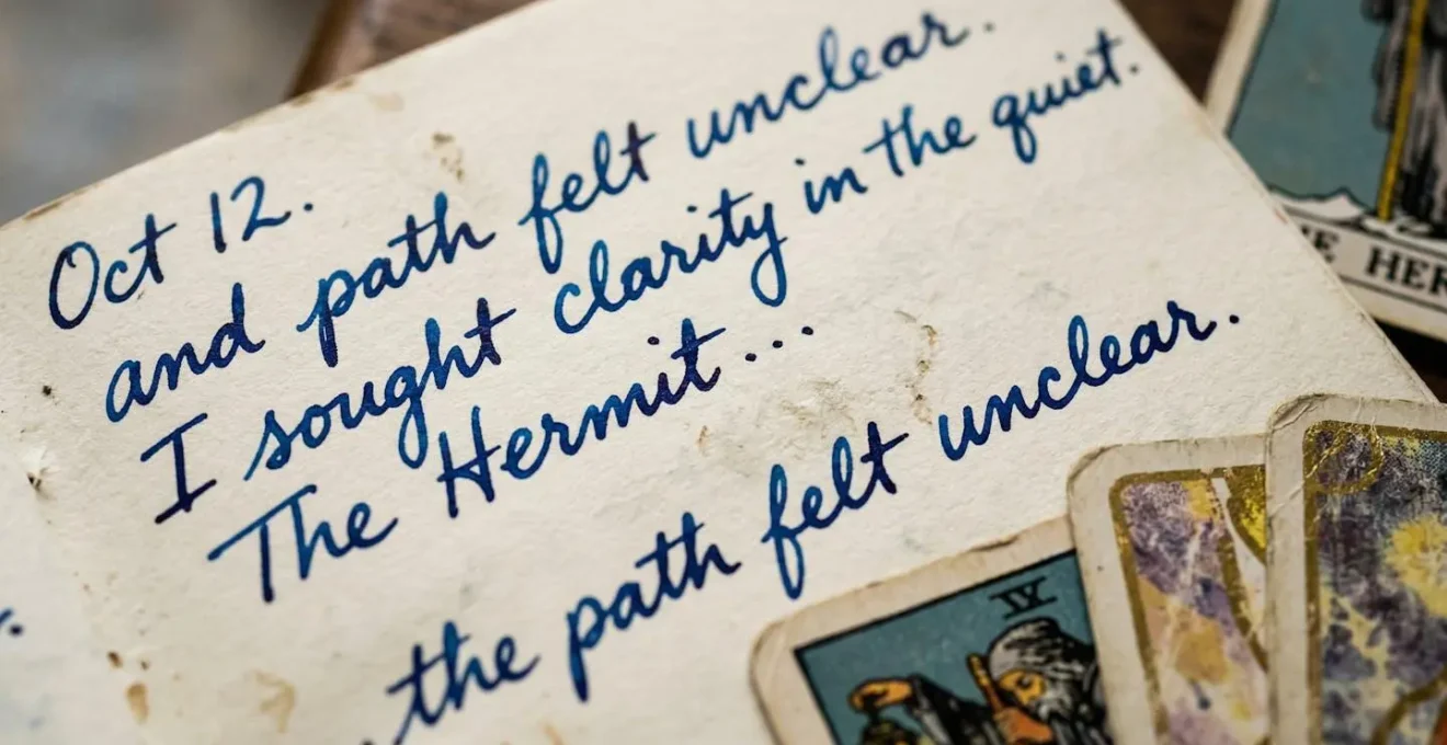 Journal ouvert avec des notes manuscrites et cartes de tarot posées à côté