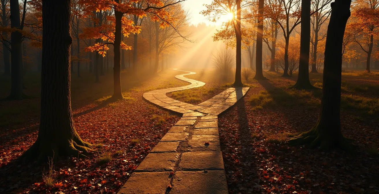 Carrefour de chemins multiples dans la nature symbolisant les choix et le lâcher-prise