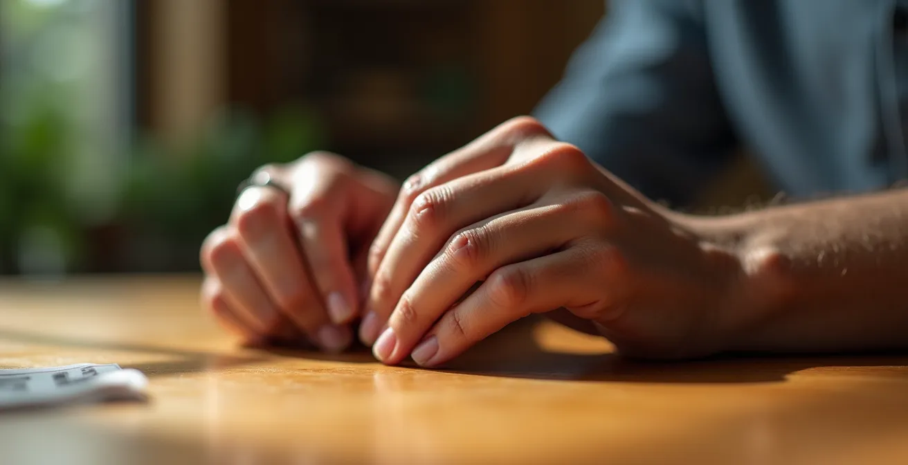 Gros plan sur des mains posées avec assurance sur une table en bois lors d'une conversation professionnelle