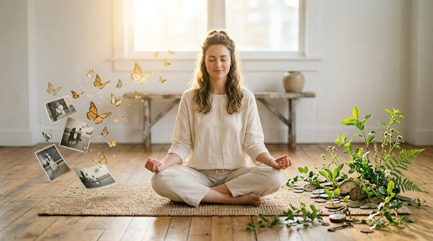 Personne méditant entourée de symboles de transformation et de liberté financière