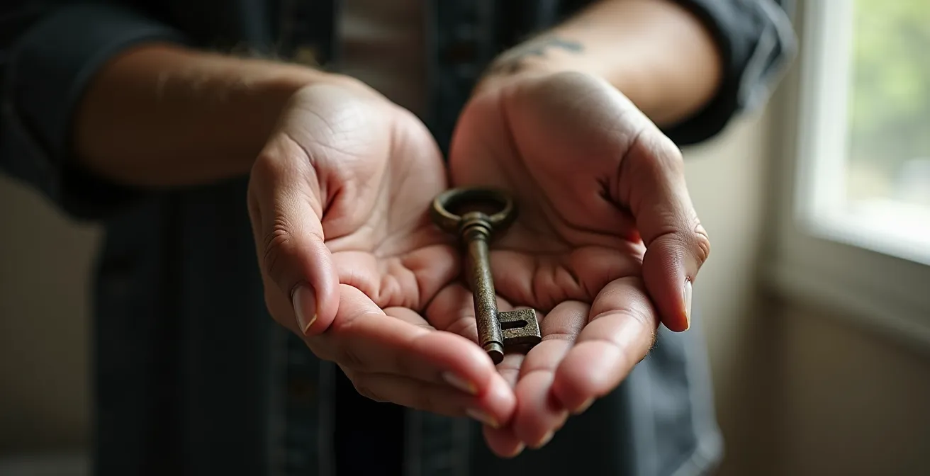 Mains tenant délicatement une vieille clé rouillée symbolisant la libération des charges familiales