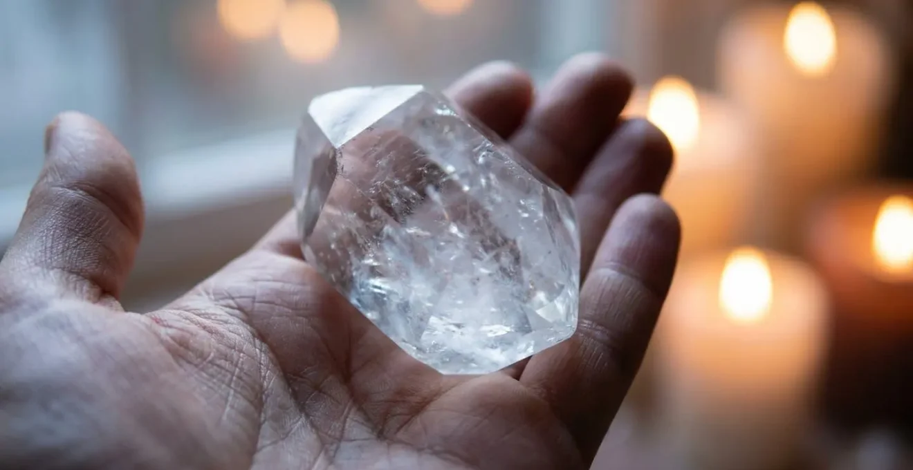 Main tenant délicatement un cristal de quartz réfléchissant la lumière lunaire dans un intérieur apaisant
