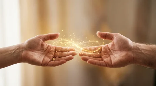 Mains lumineuses entourées d'énergie dorée et de particules brillantes dans un espace méditatif