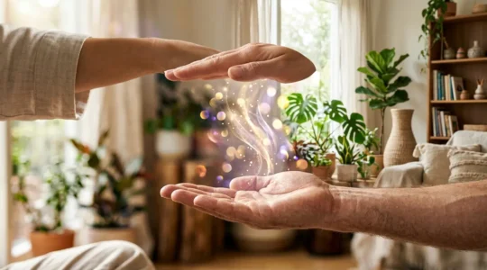 Mains lumineuses pratiquant une technique énergétique sur les chakras avec des énergies dorées et violettes