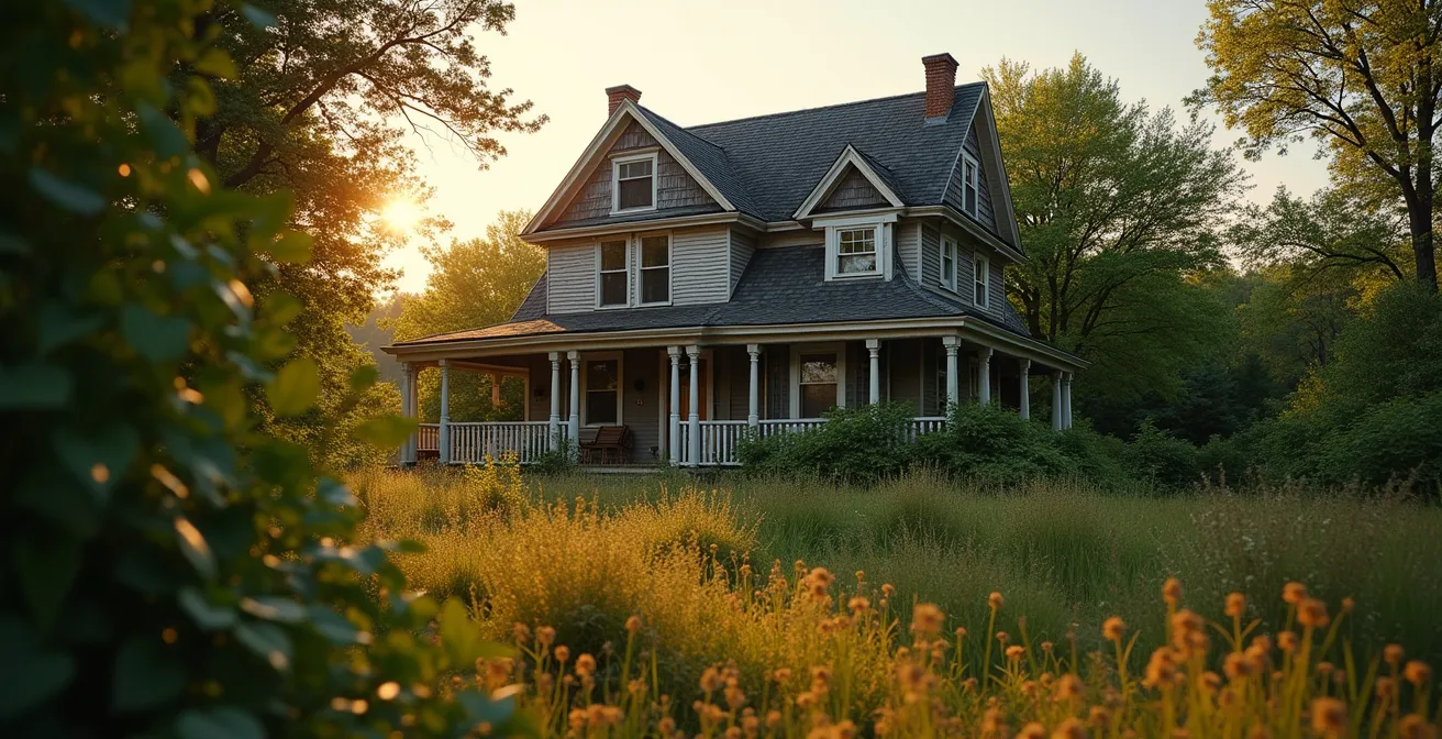 Vue aérienne d'une vieille maison familiale entourée d'un jardin ancien symbolisant l'ancrage et les racines