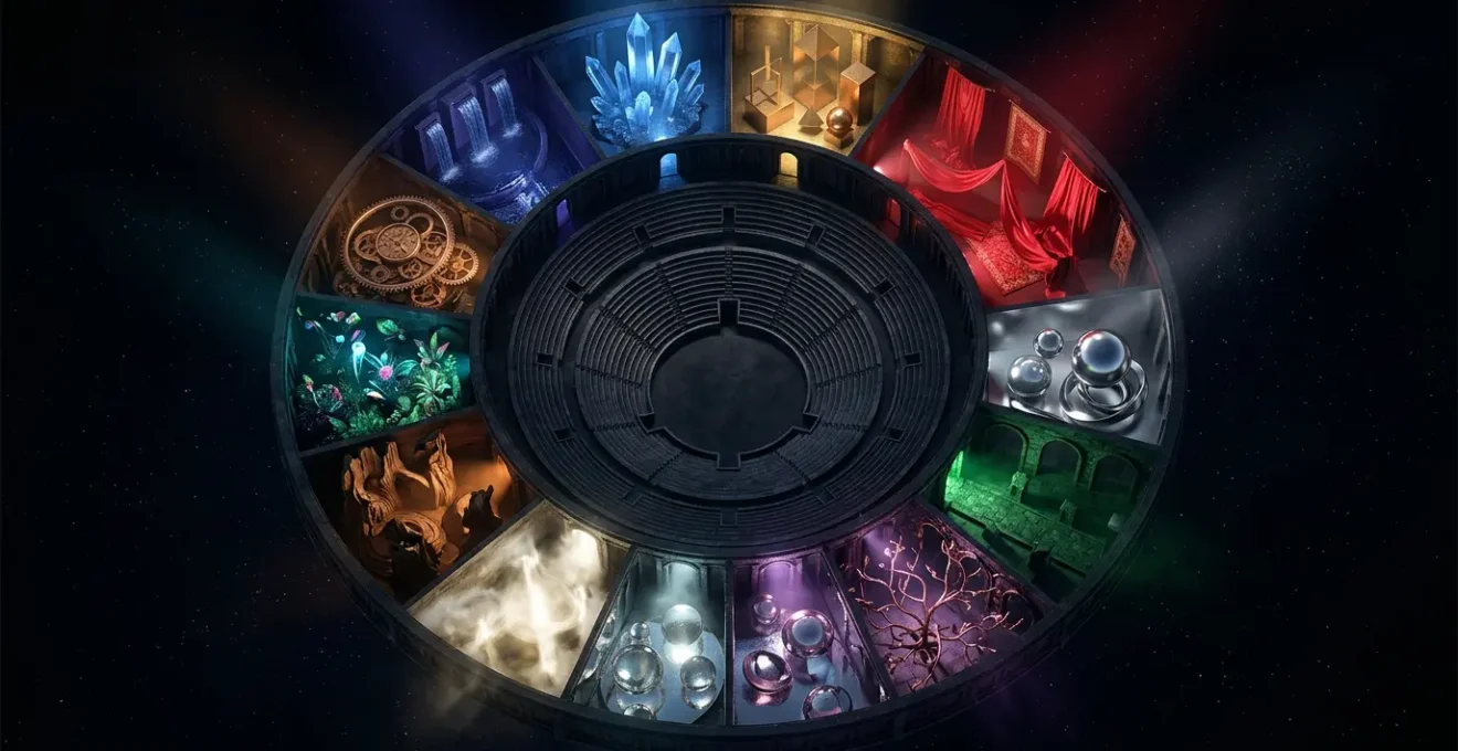 Théâtre circulaire cosmique avec douze scènes éclairées représentant les domaines de vie astrologiques