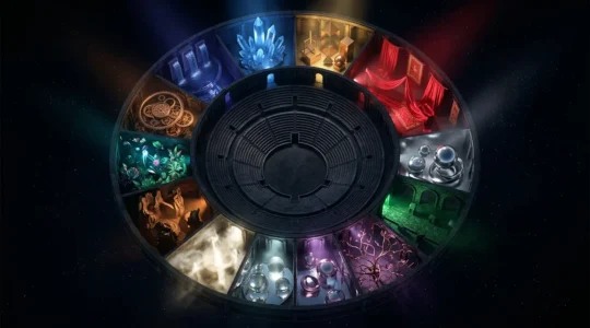 Théâtre circulaire cosmique avec douze scènes éclairées représentant les domaines de vie astrologiques