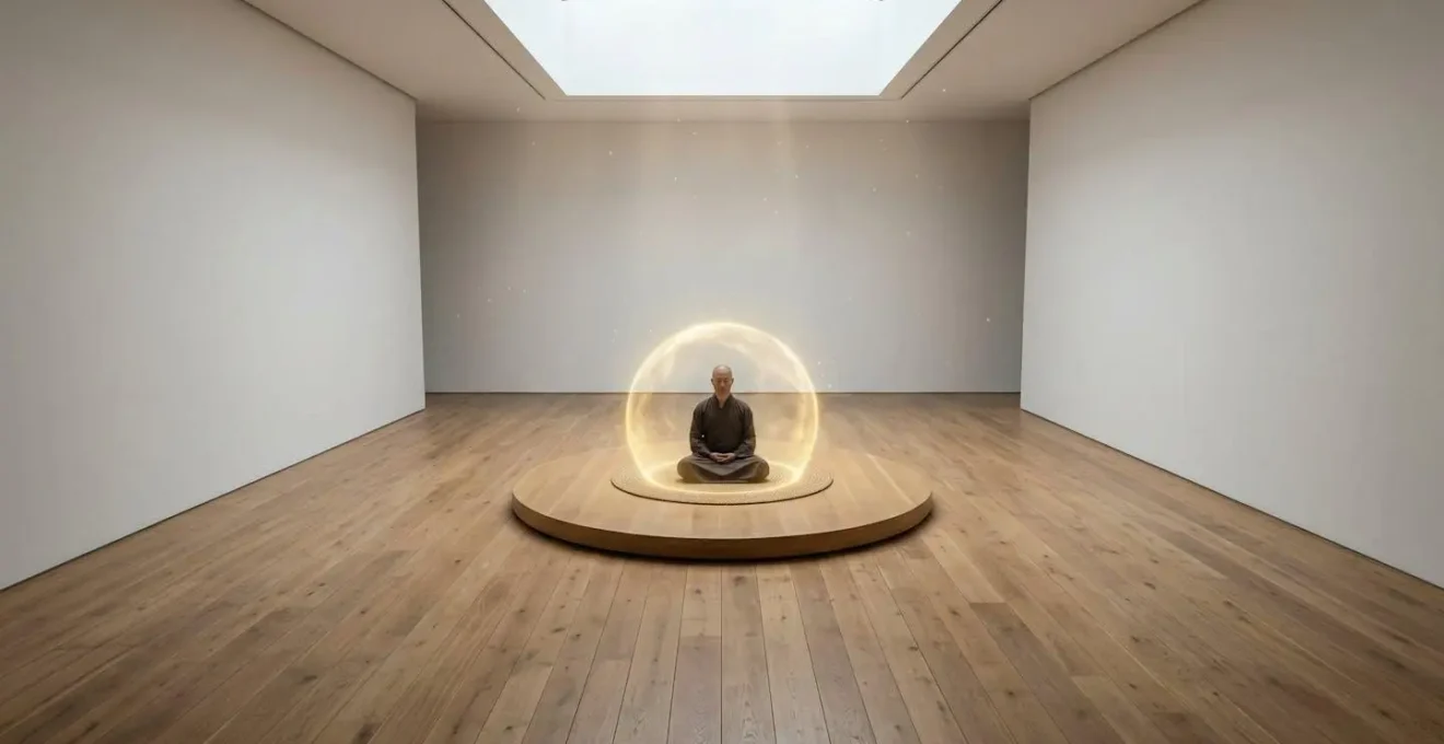 Personne en méditation entourée d'une bulle de lumière protectrice dorée