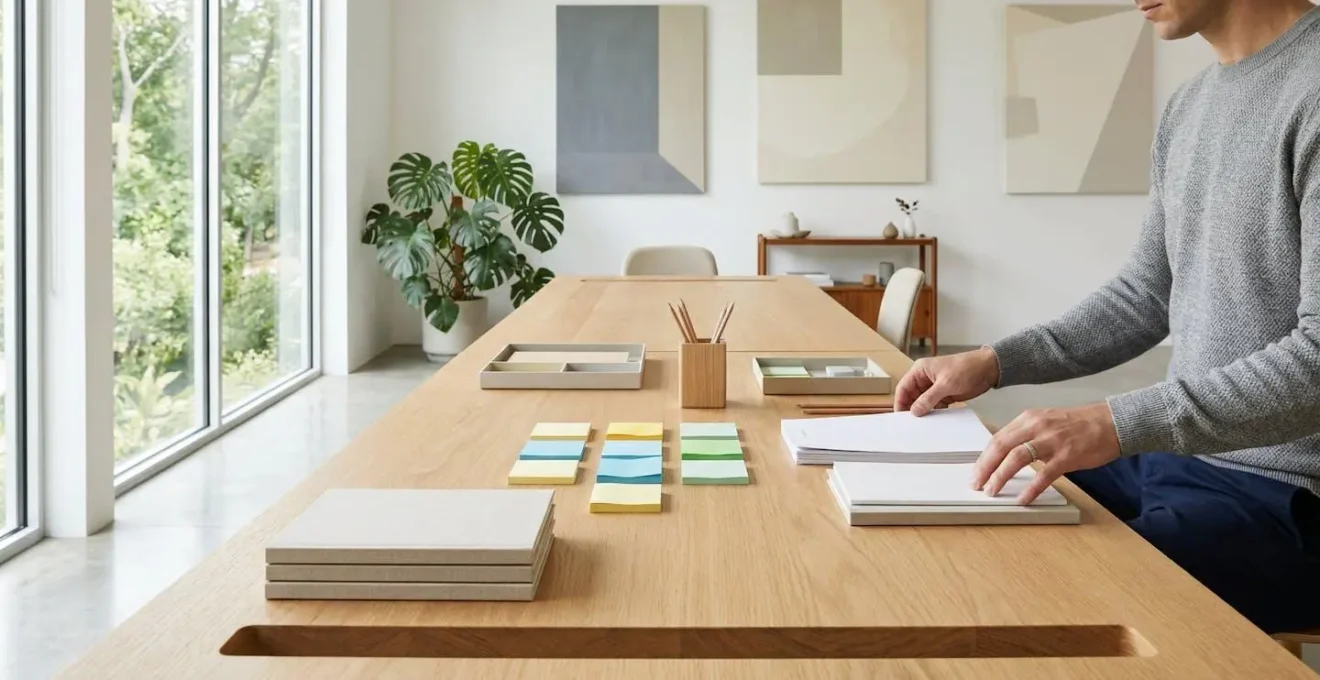 Espace de travail organisé pour la révision stratégique pendant Mercure rétrograde, symbolisant la productivité dans la relecture.
