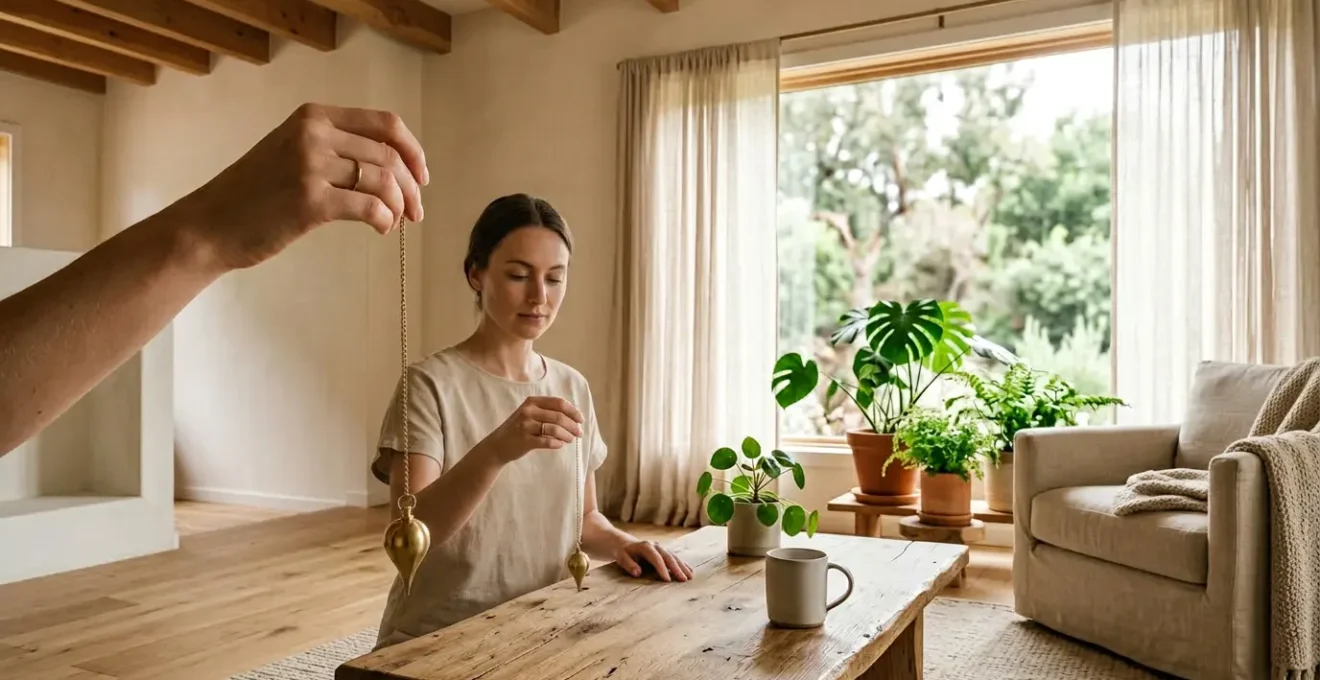 Mesure du taux vibratoire d'une maison avec un pendule et une échelle de Bovis, pratique de radiesthésie dans un intérieur lumineux